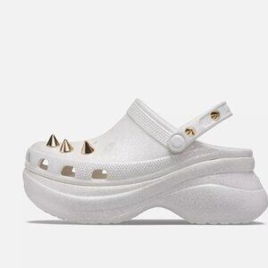 NEW Women's Crocs Classic Bae Glitter Stud Clog Wedge Sandals 206783-100 White